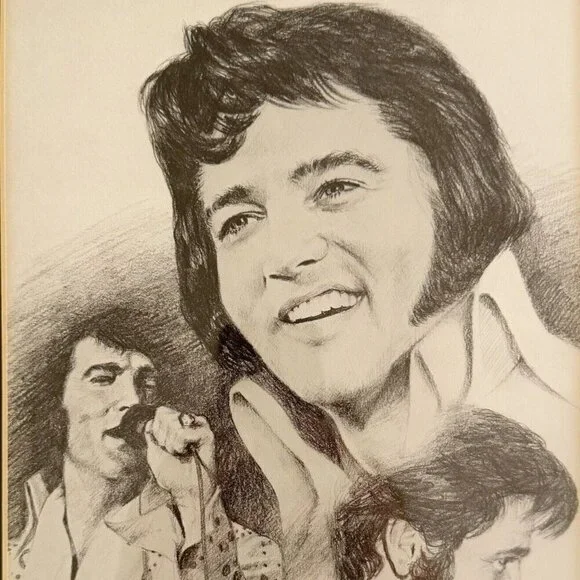 Penny Alexander Elvis Presley Framed Pencil Lithograph Art Print 1978 Music SS - Picture 1 of 4
